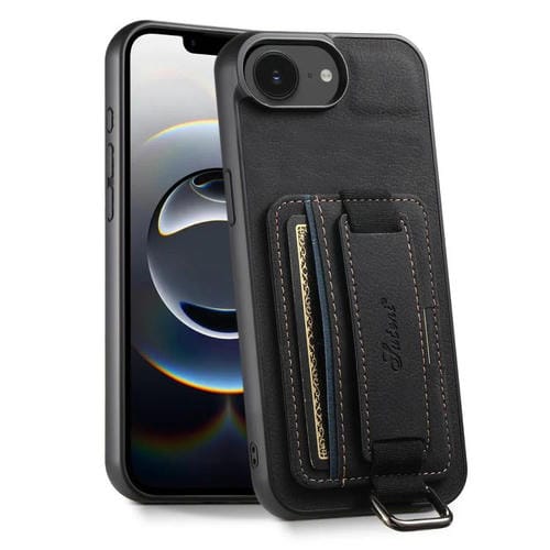 Funda para iPhone 16E Suteni H13 con Correa de Muñeca de Cuero de Lichi (Negra)