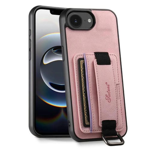 Funda para iPhone 16E Suteni H13 con Correa de Muñeca de Cuero de Lichi (Rosa)