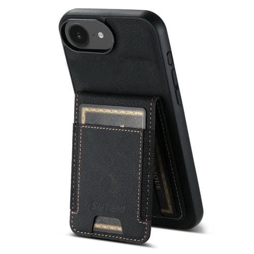 Funda para iPhone 16E Suteni H03 con Tarjetero de Piel de Lichi y Atril (Negra)