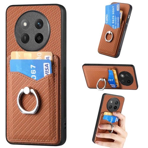 Funda para Teléfono Honor X60 Pro con Anillo y Billetera de Fibra de Carbono (Marrón)