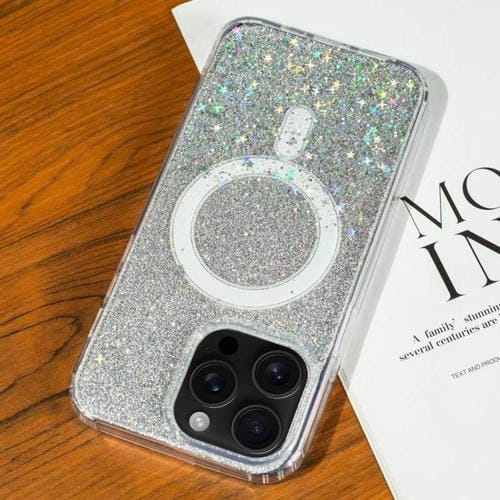 Funda MagSafe con purpurina degradada y estrellas para iPhone 16 Pro (plata degradada)