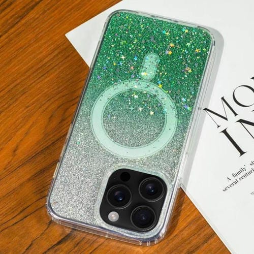 Funda MagSafe con purpurina degradada y estrellas para iPhone 16 Pro Max (verde degradado)