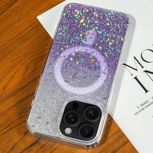 Funda MagSafe con purpurina degradada y estrellas para iPhone 16 Pro Max (morado degradado)