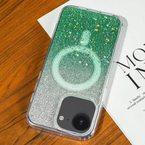 Funda MagSafe con purpurina degradada y estrellas para iPhone 16e (verde degradado)