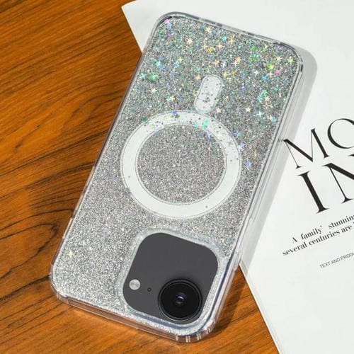 Funda MagSafe con purpurina y estrellas para iPhone 16e (plata degradada)