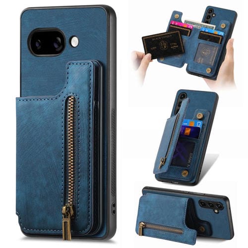 Funda de Cuero Retro con Cremallera y Billetera para Google Pixel 9A (Azul)