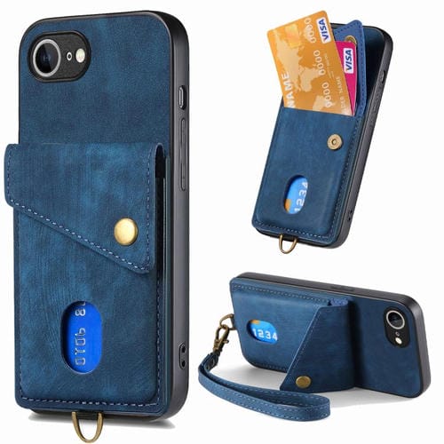 Funda de Cuero Plegable Tipo Billetera para iPhone 16E con Tarjetero y Correa (Azul)