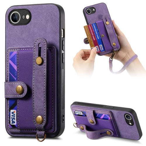 Funda de Cuero Tipo Billetera con Pulsera Cruzada Retro para iPhone 16E (Morado)