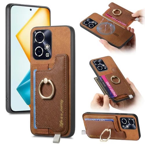 Funda para Teléfono con Tarjetero y Anillo de Cuero Retro Magsafe Cross para Honor 90 GT 5G (Marrón)