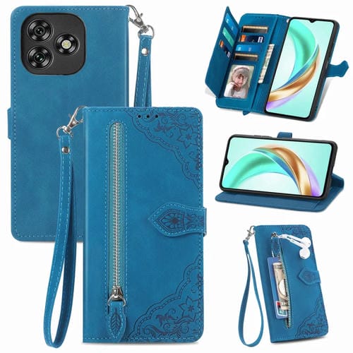 Funda de Cuero con Cremallera y Flores en Relieve para Oukitel C53 (Azul)