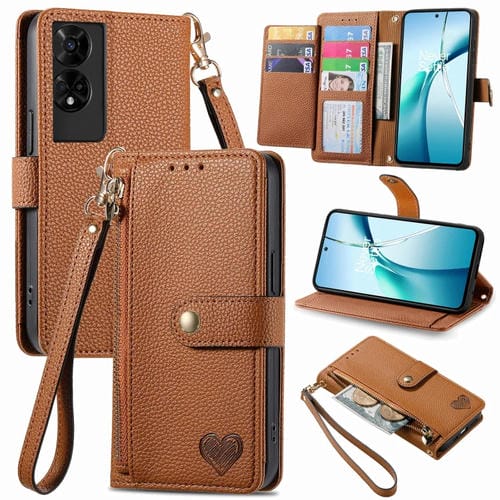 Funda de Cuero con Cordón y Cremallera Love para TCL 50 5G (Marrón)