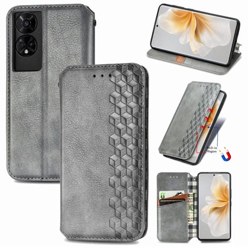 Funda de Cuero Magnética con Rejilla Cúbica para TCL 50 5G (Gris)