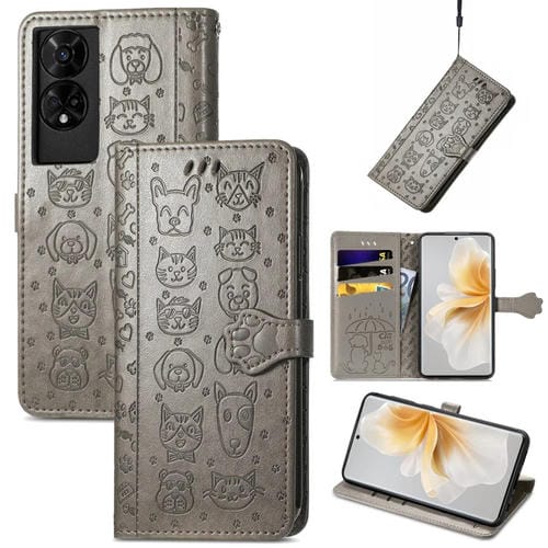 Funda de Piel con Relieve Gato y Perro para TCL 50 5G (Gris)