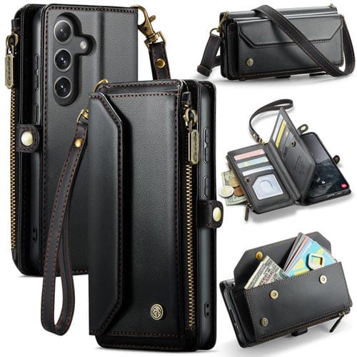 Funda de Cuero Antirrobo Caseme C36 para Samsung Galaxy S25+ 5G con Ranuras para Tarjetas y Cremallera (Negro)