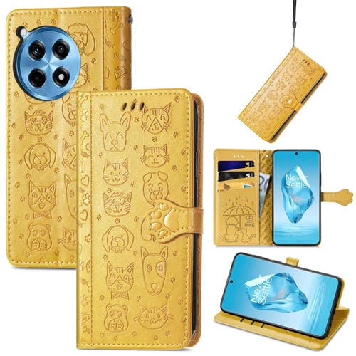 Funda de Piel con Relieve Gato y Perro para OnePlus Ace 3 Pro (Amarilla)