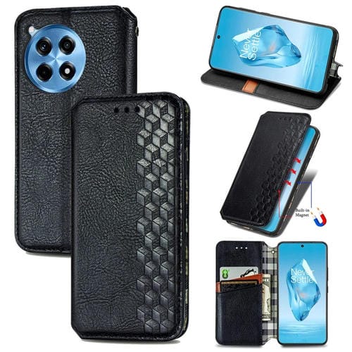 Funda de Cuero Magnética OnePlus Ace 3 Pro Diseño Cuadrícula Cúbica (Negra)