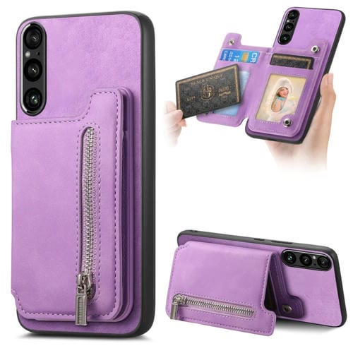 Funda para Teléfono Sony Xperia 1 Vi con Cremallera Retro Magsafe y Tarjetero (Morado)