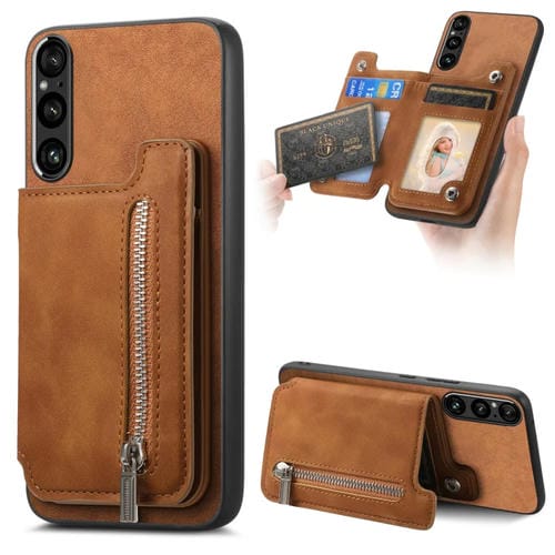 Funda para Teléfono Sony Xperia 1 V con Cremallera, Magsafe, Tarjetero y Bolsillo (Marrón)