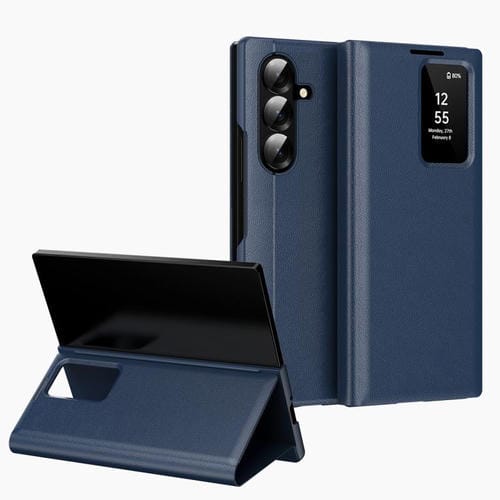 For Samsung Galaxy Z Fold7 5G Smart View Window Leather Phone Case with Card Slot(Blue)