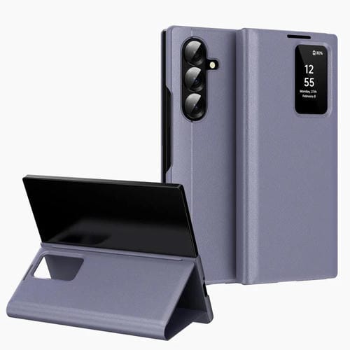 For Samsung Galaxy Z Fold7 5G Smart View Window Leather Phone Case with Card Slot(Purple)
