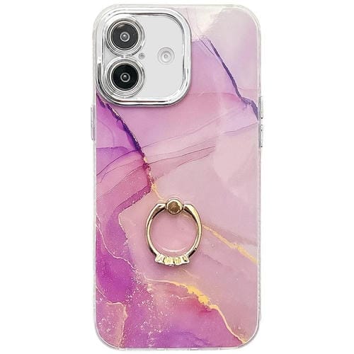 Funda para Teléfono iPhone 16 Soporte de Anillo Textura Mármol Galvanizado (Dorado, Morado, Rojo)