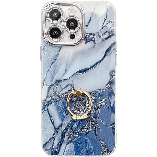 Funda para Teléfono iPhone 15 Pro Soporte de Anillo Textura Mármol Galvanizado (Azul Marino)