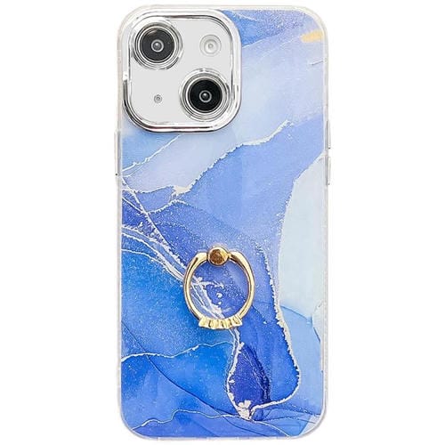 Funda para Teléfono iPhone 14 Soporte de Anillo Textura Mármol Galvanizado (Azul Oscuro)