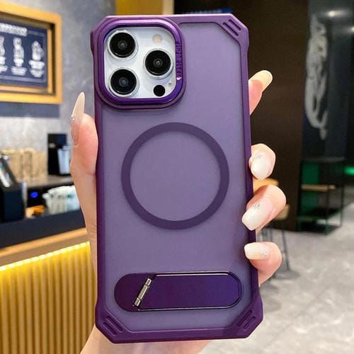 Funda para Teléfono PC Magsafe sin Marco con Tacto de Piel y Soporte Plegable para iPhone 16 Pro (Morado)