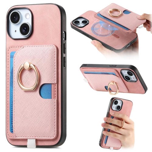 Funda para iPhone 15 con Ranuras para Tarjetas Diseño Retro Cruz Anillo Lateral (Rosa)