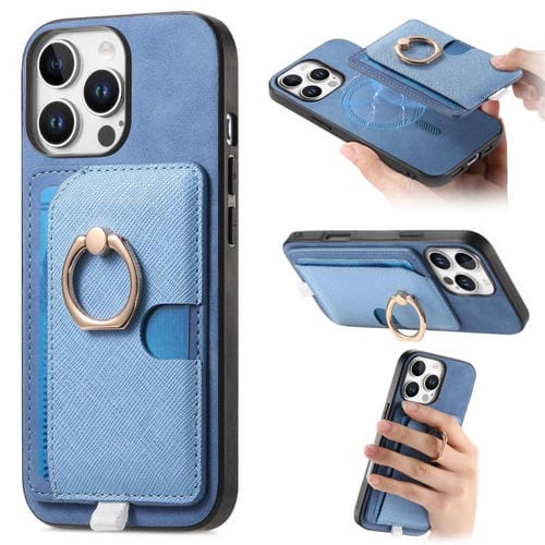 Funda para Teléfono Magsafe con Ranuras para Tarjetas y Anillo Lateral de Cuero Cruz Retro para iPhone 14 Plus (Azul)