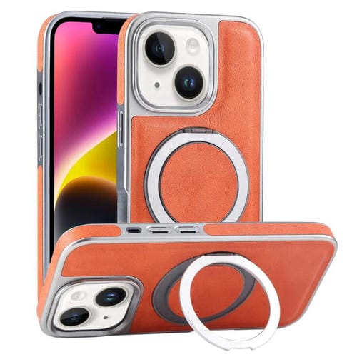 Funda para Teléfono iPhone 14 con Soporte Magsafe Giratorio de Piel Granulada (Naranja)