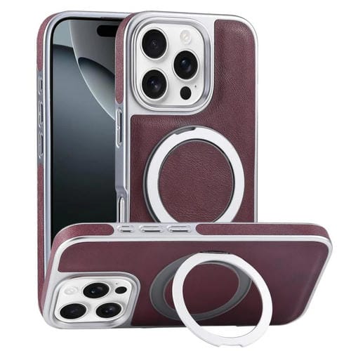 Funda para Teléfono iPhone 16 Pro Max Soporte Magsafe Giratorio Cuero Granulado (Rojo Oscuro)