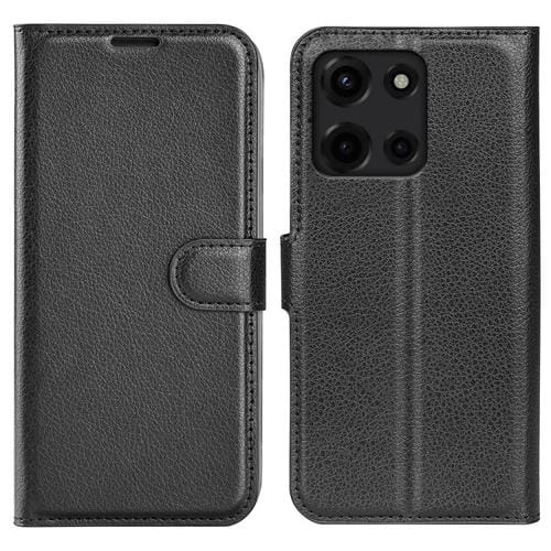 Funda de Cuero con Tapa Horizontal y Textura de Lichi para Motorola Moto G 5G (2025) con Soporte (Negro)