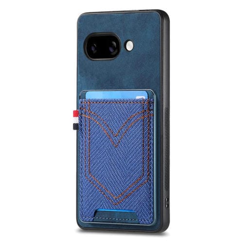 Funda de Piel con Textura Vaquera para Google Pixel 9A con Ranura para Tarjetas (Azul)