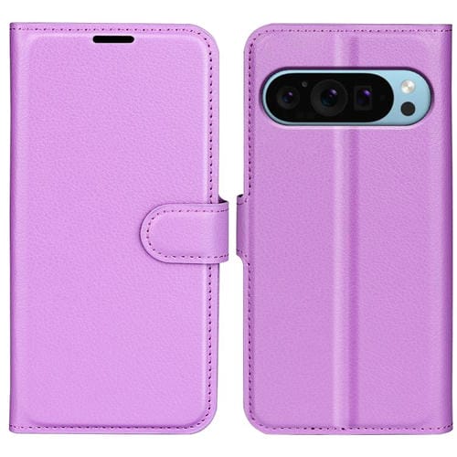Funda de Cuero con Tapa Horizontal y Textura de Lichi para Google Pixel 9/9 Pro con Soporte (Morado)