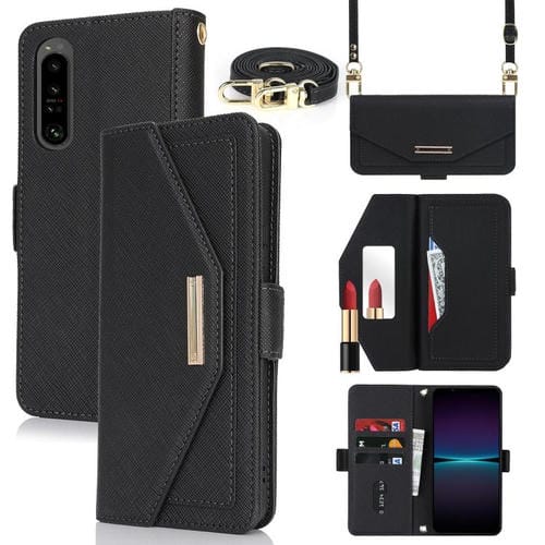 Funda de Cuero para Sony Xperia 1 IV con Textura Cruzada y Cordón (Negra)