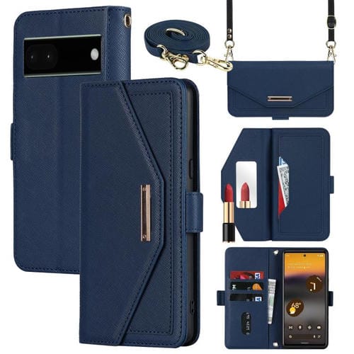 Funda de Cuero con Textura Cruzada y Cordón para Google Pixel 6A (Azul)