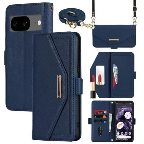 Funda de Cuero con Textura Cruzada y Cordón para Google Pixel 8 (Azul)