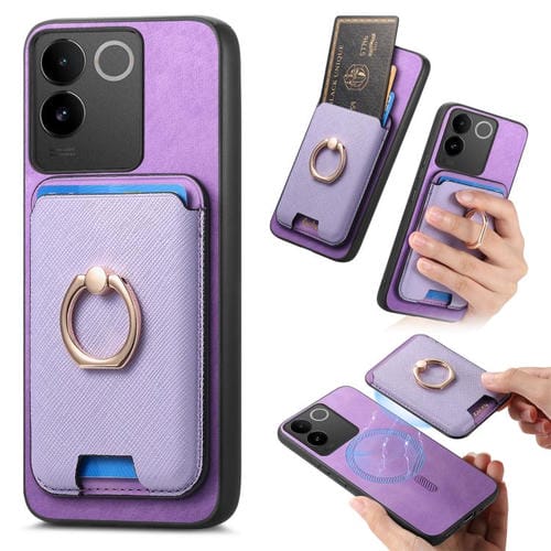 Funda para Vivo S18/S18 Pro 5G con Anillo de Cuero Retro Cruzado, Ranuras para Tarjetas y Ranuras para Tarjetas (Morado)