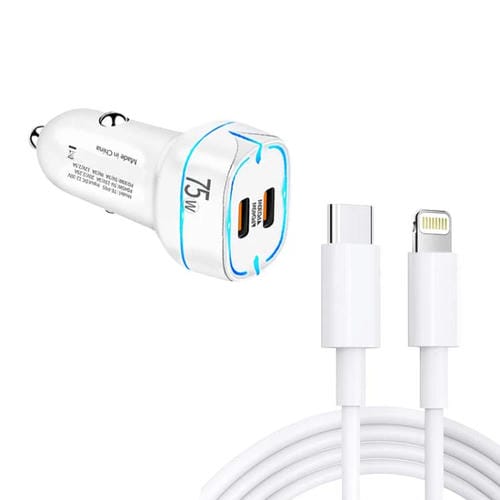 Cargador de coche PD45W + PD30W de doble puerto tipo C con cable de datos USB-C a 8 pines (blanco)