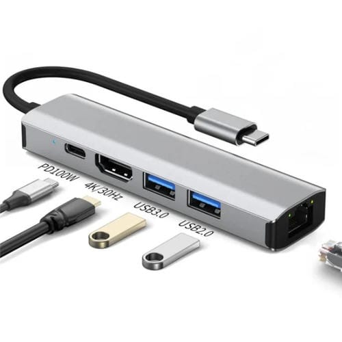 Adaptador Tipo-C 2403 Hub USB 5 en 1 RJ45 100M USB3.0 USB2.0 4K/30Hz HD PD100W