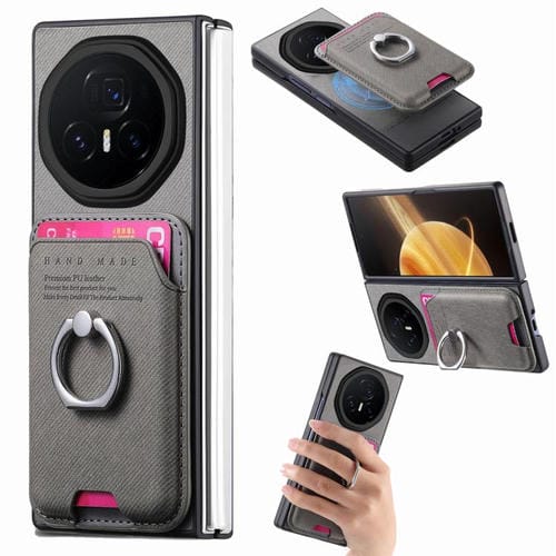 Funda para teléfono con anillo magnético y tela de sarga para Honor Magic V3 (gris)