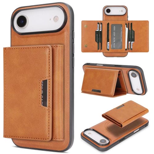 Funda de cuero plegable triple Kalebol con imán fuerte MagSafe para iPhone 17 Air (marrón)
