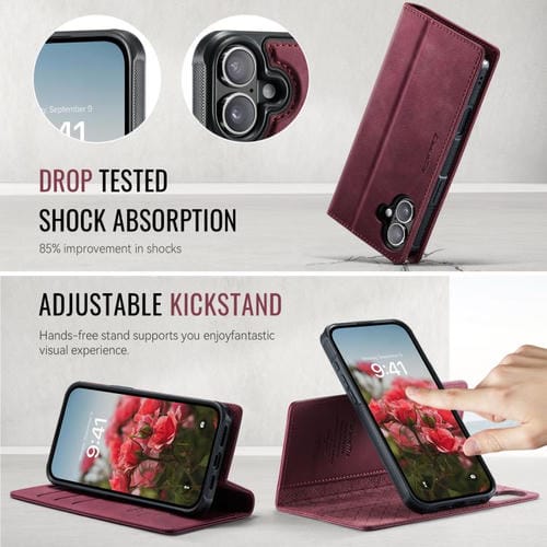 Funda de cuero desmontable CaseMe C49 con bloqueo RFID MagSafe para iPhone 16 (roja)