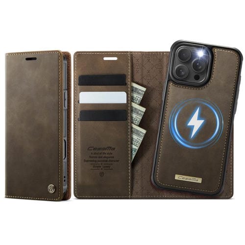 Funda de cuero desmontable CaseMe C49 para iPhone 16 Pro, con bloqueo RFID y MagSafe (café)
