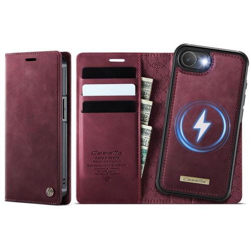 Funda de cuero desmontable CaseMe C49 con bloqueo RFID MagSafe para iPhone 16e (roja)