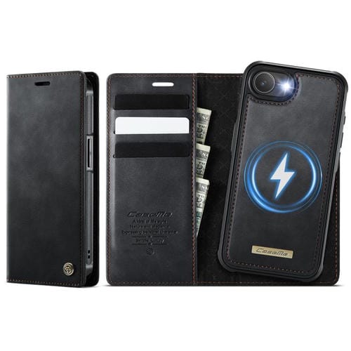 Funda de cuero desmontable CaseMe C49 con bloqueo RFID MagSafe para iPhone 16e (negra)
