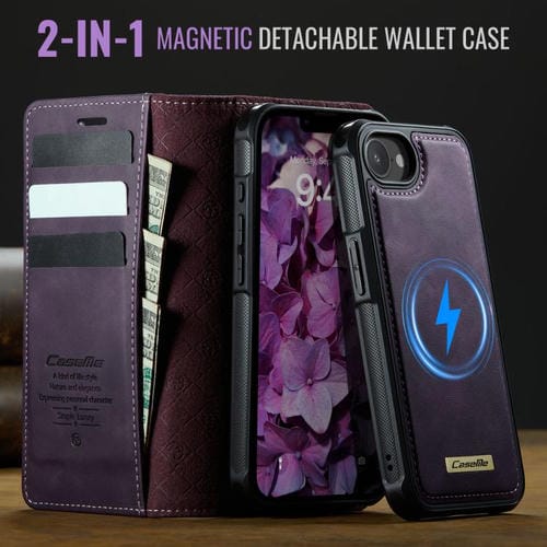 Funda de cuero desmontable CaseMe C49 MagSafe con bloqueo RFID para iPhone 16e (morado)