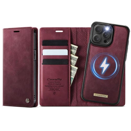 Funda de cuero desmontable CaseMe C49 con bloqueo RFID MagSafe para iPhone 14 Pro Max (roja)
