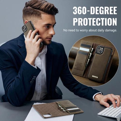 Funda de cuero desmontable CaseMe C49 con bloqueo RFID MagSafe para iPhone 13 (café)